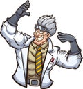 Strong evil scientist posing with arms up.