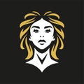 Strong fashion woman face with golden hair minimalist makeup beauty logo vector flat