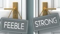 Strong or feeble as a choice in life - pictured as words feeble, strong on doors to show that feeble and strong are different