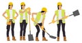 A strong female worker is holding a shovel and wearing a helmet and a vest