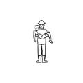 Strong fireman rescuing a person sketch icon.