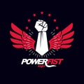 Strong fist of an active sportsman vector symbol created using eagle wings and stars.