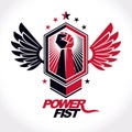 Strong fist of an active sportsman vector symbol created using eagle wings and stars.