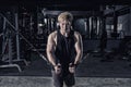 Strong fitness man doing arm workout with cable machine in the gym Royalty Free Stock Photo