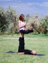 Morning yoga in the city green park. A beautiful couple holds a yoga class Royalty Free Stock Photo