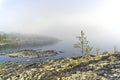 A strong fog on the shore of the Ladoga Lake. Karelia, Russia. Royalty Free Stock Photo