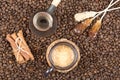 Strong coffee with foam, cinnamon, sugar stick on the coffee beans Royalty Free Stock Photo