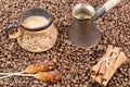 Strong coffee with foam, cinnamon, sugar stick on the coffee beans Royalty Free Stock Photo