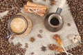 Strong coffee with foam, cinnamon, sugar stick, nutmeg on the bu Royalty Free Stock Photo