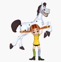 Strong girl is carrying a horse