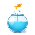 Strong goldfish jumping out of fishbowl