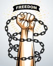 Strong hand clenched fist fighting for freedom against chain slavery theme illustration, vector logo or tattoo, getting free, Royalty Free Stock Photo