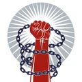 Strong hand clenched fist fighting for freedom against chain slavery theme illustration, vector logo or tattoo, getting free,