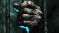 Strong hand gripping rusty prison bars, representing confinement and struggle
