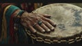 Strong hands calloused and weathered beat a large Native American drum their movements in perfect sync with the ancient