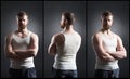 Strong, handsome and bearded man in sleeveless shirt over black background. Royalty Free Stock Photo