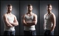Strong, handsome and bearded man in sleeveless shirt over black background. Royalty Free Stock Photo