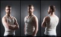 Strong, handsome and bearded man in sleeveless shirt over black background. Royalty Free Stock Photo