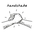 Strong hanshake handdrawn illustration. Cartoon vector clip art of a two muscular hands making a sport style handshake. Black and