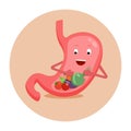 Strong healthy happy stomach character with vegetables. Vector flat cartoon illustration icon design. Isolated on white background Royalty Free Stock Photo