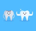 Strong healthy tooth and Sad painful damaged darkened tooth with hole. Toothache Cartoon Character Concept Vector Illustration