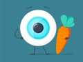 Strong healthy white eye, eyeball doing exercises with dumbbells and carrot character. Vector flat cartoon illustration