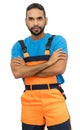 Strong hispanic construction worker with orange protective gear Royalty Free Stock Photo