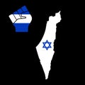 Strong Israel. Raised fist on blue and white Israeli national colour in map with David star. Freedom and support Israeli Royalty Free Stock Photo