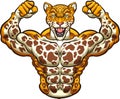 Strong jaguar mascot flexing arms front symmetric view