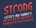 Strong letters and numbers with currency signs. Red stylish 3d font. Isolated english alphabet