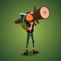 Strong lumberjack carries axe and big log. Isolated 3d cartoon character. Royalty Free Stock Photo