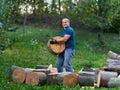 Lumberjack manhandling the beech logs Royalty Free Stock Photo