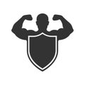 Strong man behind shield graphic icon