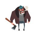 Strong man character with axe in hand. Lumberjack with frozen beard. Cartoon woodcutter in warm clothes hat, sweater