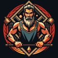Strong man character showcasing craftsmanship with tools in a dynamic graphic design featuring bold colors and shapes Generative Royalty Free Stock Photo
