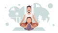Strong man and cute little girl are sitting meditating. Meditation. Cartoon style.