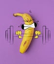 Artwork. Funny cute yellow banana, dude workouts isolated over purple background. Drawn fruit in a cartoon style Royalty Free Stock Photo