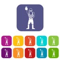 Strong man with kettlebell icons set