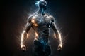 Strong man in lightning flashes, athlete silhouette with energy, generative AI