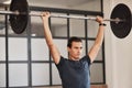 Strong man, overhead barbell and gym exercise, workout and fitness training in sports club. Young man, focus bodybuilder Royalty Free Stock Photo