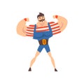 Strong Man Performing in Circus Show, Mustached Muscular Athlete Cartoon Vector Illustration