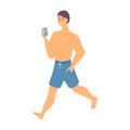 Strong man in shorts walking with a phone on the beach, pool. Isometric character Royalty Free Stock Photo