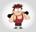 Strong man in sportswear doing workout with kettlebell weight. Cartoon Character Muscle man with Kettlebells. Vector illustration.
