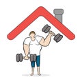 Strong man stays at home and sports at home, lifting dumbbells. Black outlines, colored