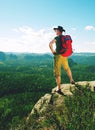 Strong man tourist with a backpack, walks in the mountains