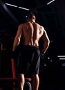 Strong masculine man athlete doing standing in dark fitness club background. Closeup portrait Royalty Free Stock Photo