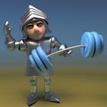 Strong medieval knight lifts weights with ease, 3d illustration