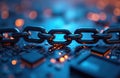 Strong metal chain lies on complex microchip circuit board. Bright orange lights glow from tiny electronic components, creating Royalty Free Stock Photo