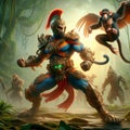 A strong monkey warlord, in a battle at jungle, wearimg war costume, fantasy, forest, magical, animal creatures