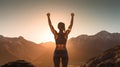 strong motivated woman celebrating workout goals towards the sun. Generative Ai